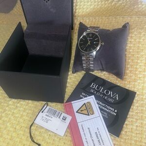 Bulova Black Dial Watch with Silver and Gold Bracelet
